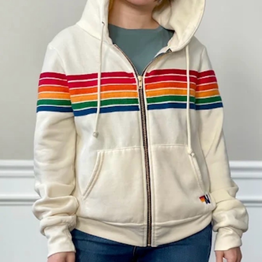 Rare Aviator Nation 6 Stripe Rainbow Vintage White Zip Hoodie Size Small